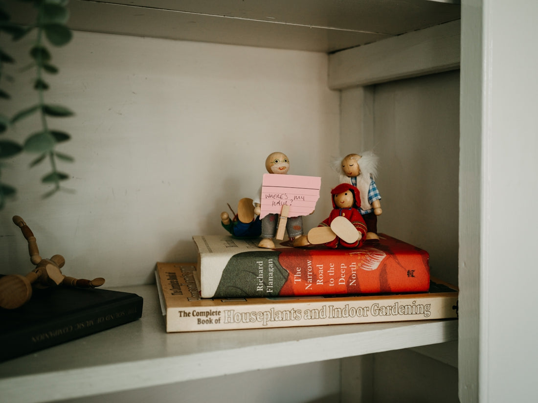 a couple of books sitting on top of a shelf